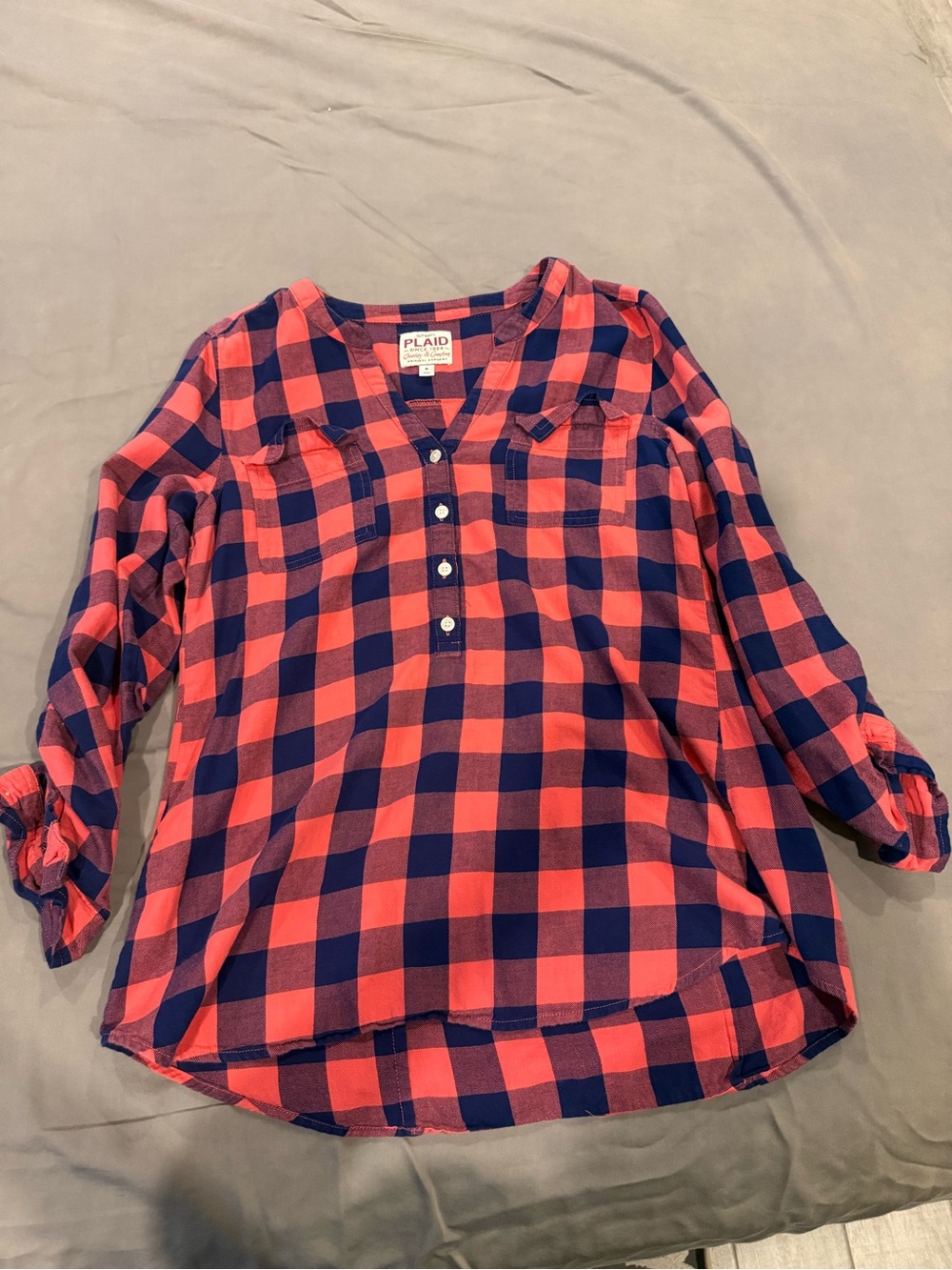 Old Navy Orange and Navy Buffalo Check Henley Blouse